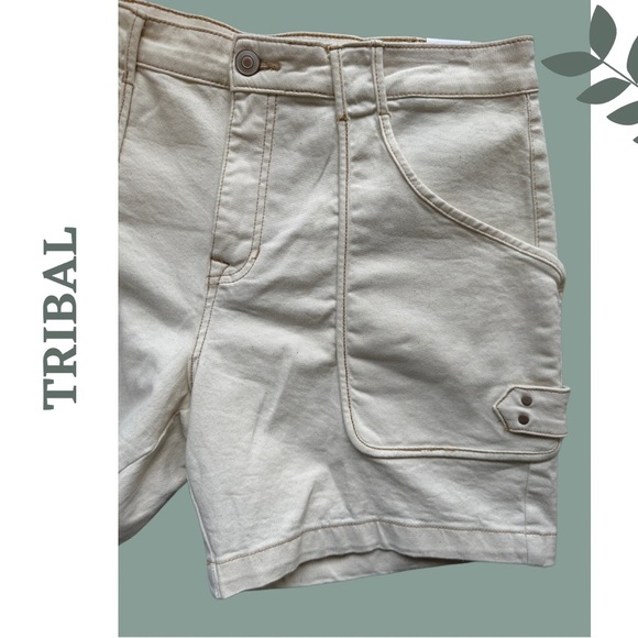 Tribal Jeans Shorts Audrey Mid Rise Girlfriend Length 7" Cream Zipper Front - Picture 3 of 7